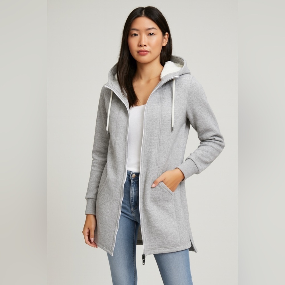 Kyodan Outdoor Cozy Gray Hooded Longline Sherpa Jacket Pockets 2 Zipper Md